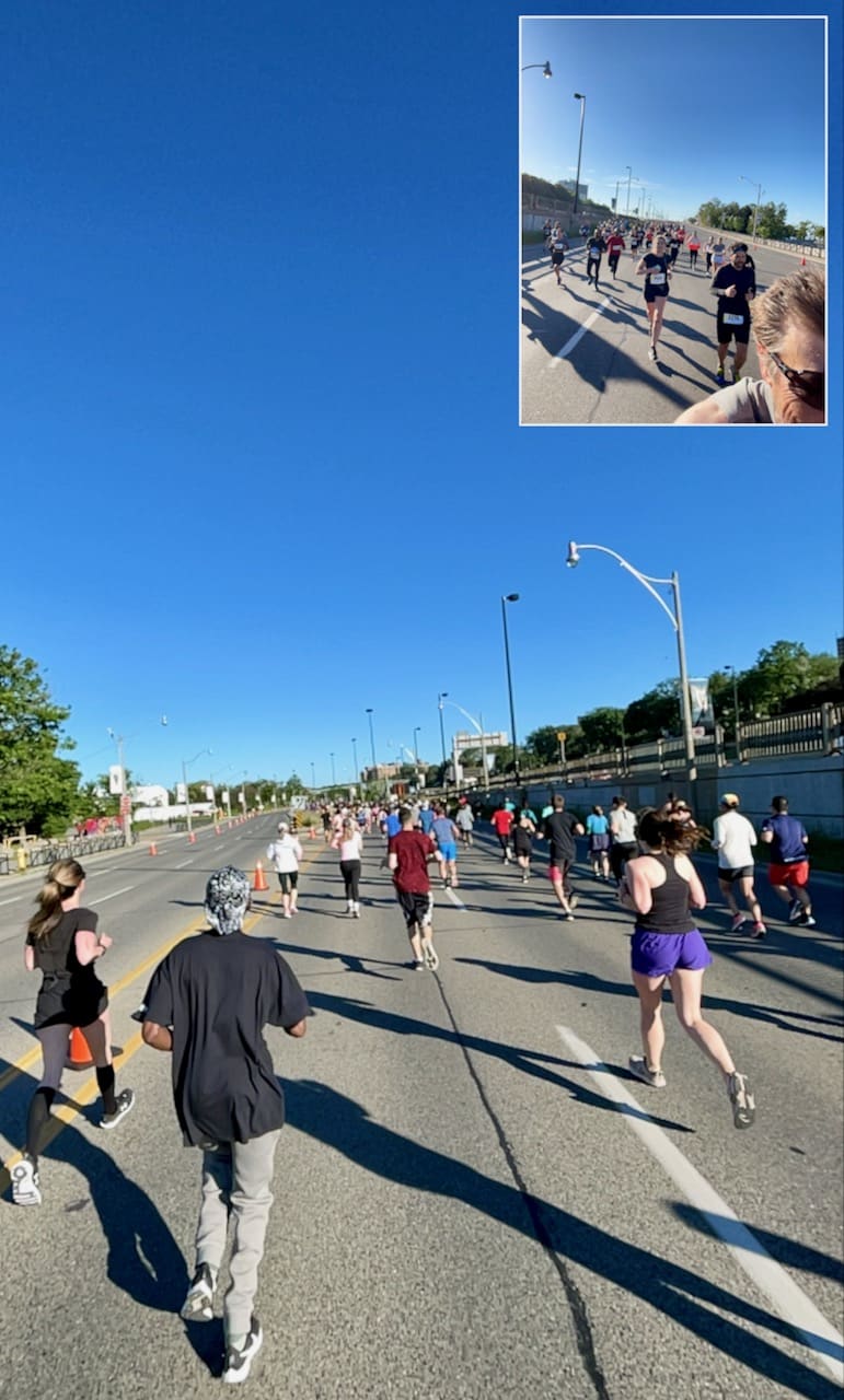 Forward and back view of running down Lakeshore during the Toronto Waterfront 10K